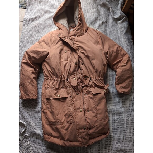 LOFT Women's L Mauve Pink Puffer Duvet Coat Jacket Mid Length Hood & Pockets - Picture 2 of 12